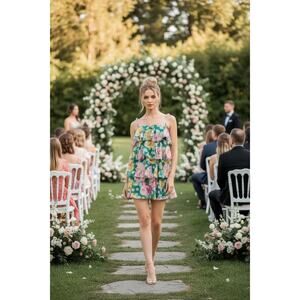 Dress the Population Pixie Mini Dress L Pine Multi Metallic Floral NWT Cocktail